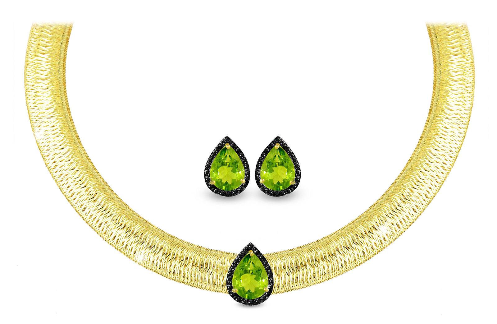 Vera Perla 18K Gold 0.36ct  Black Diamonds, Peridot Jewelry Set - 2 pcs.